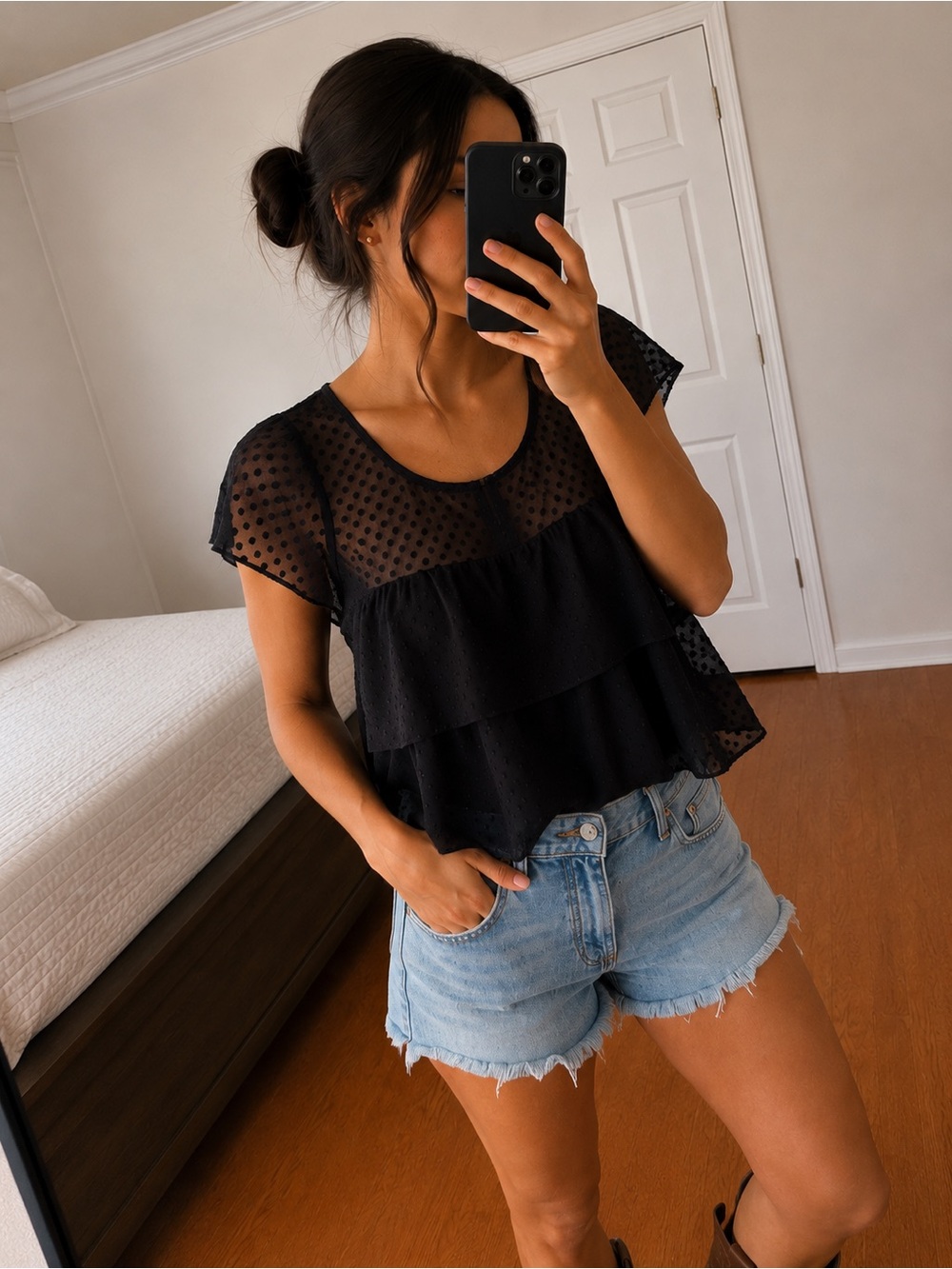 American Eagle Outfitters Black Sheer Dot Ruffle Blouse